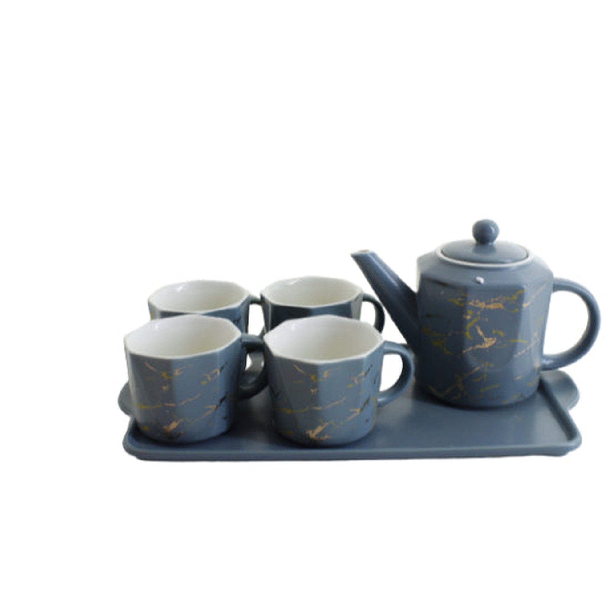 Ceramic Teapot Set and Cups Grey with Gold Marble 7pcs