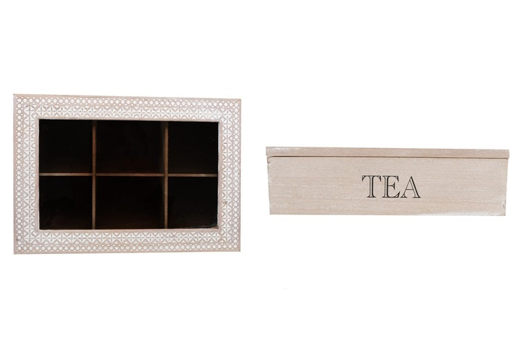 Tea Box Wood Engraved 6 Compartment 15040