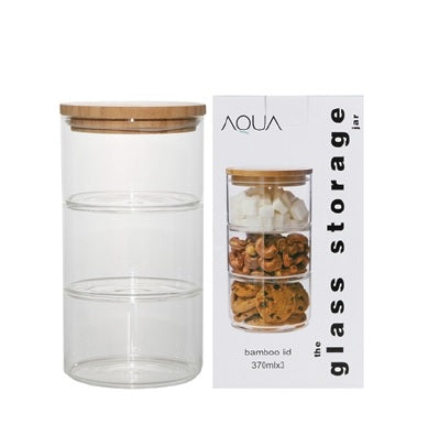 Aqua Glass Canister 300ml 3 Tier with Airtight Bamboo Lid 27051