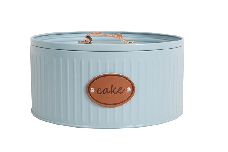 Aqua Biscuit Cake Tin Blue with Leather Name and Strap 26490