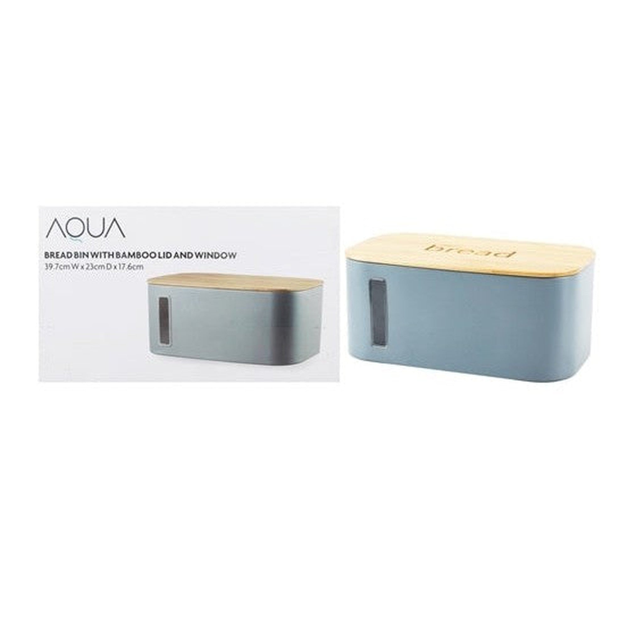 Aqua Bread Bin Tin Grey Bamboo Lid - Window 26579