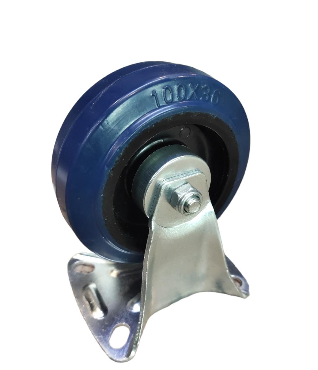 Castor 100mm Blue Rubber Fixed Plate 378NGR100P100