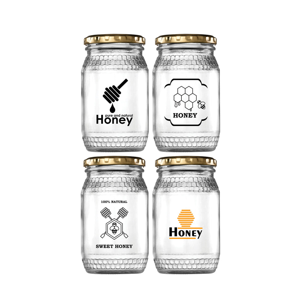 Regent Glass Honey Jar 352ml with Assorted Honey Print 4pack