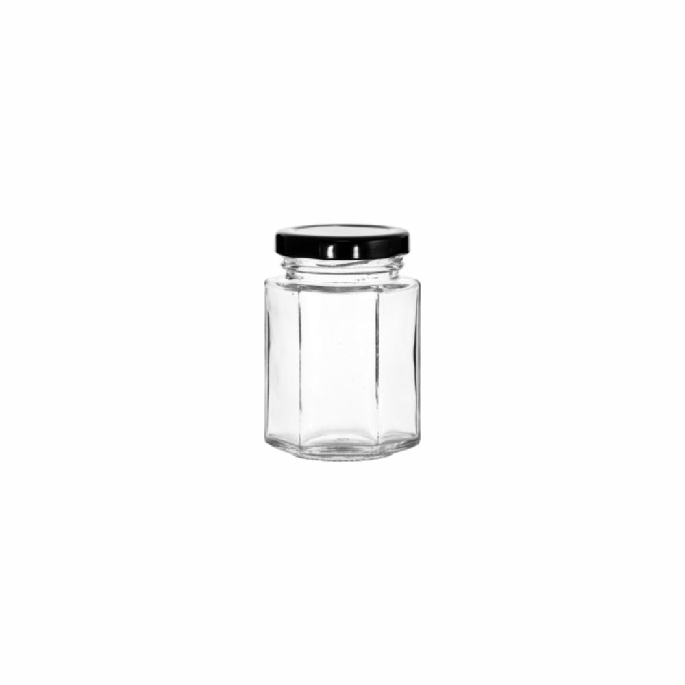 Regent Glass Jar 130ml Hexagonal with Black Lid Each 15110