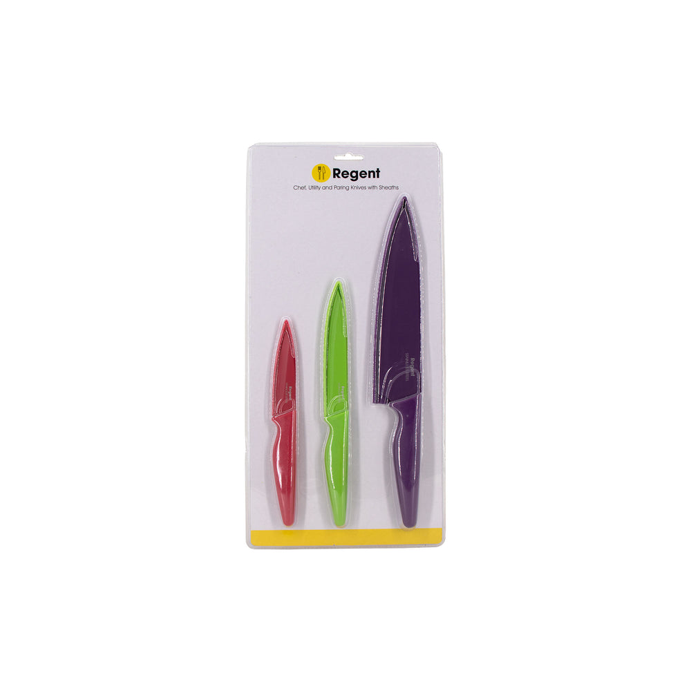 Regent 3 Piece Kitchen Chef Utility Paring Coloured Knives with Sheaths 3pcs Set