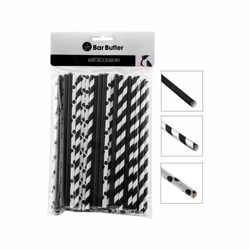 Bar Butler Paper Straws 6mm  Black and White Mixed 3ply 60pc 28138
