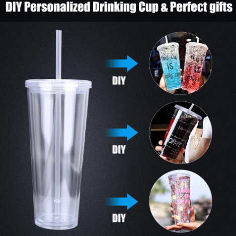 650ml Acrylic Double Wall Insulated Cup with Straw