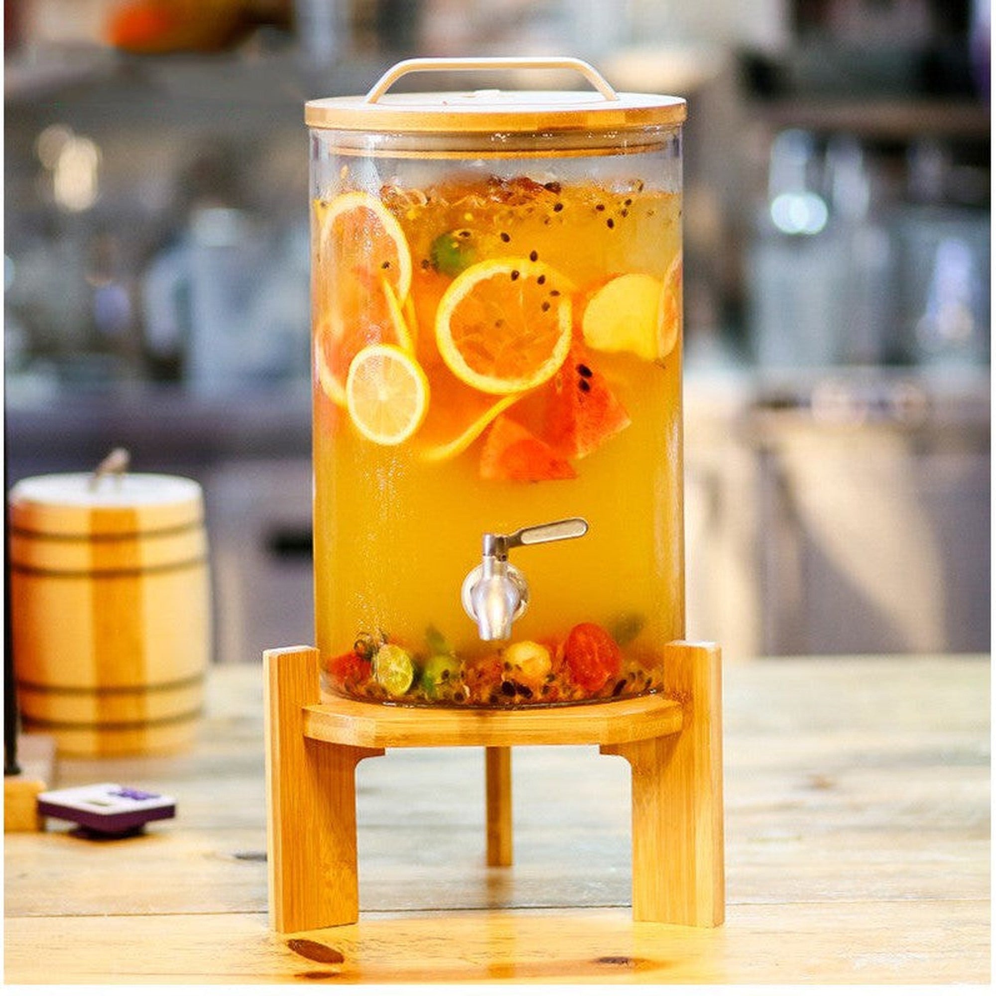 Beverage Dispenser 7.5L Borosilicate Glass with Wood lid and Wooden Stand and Spout