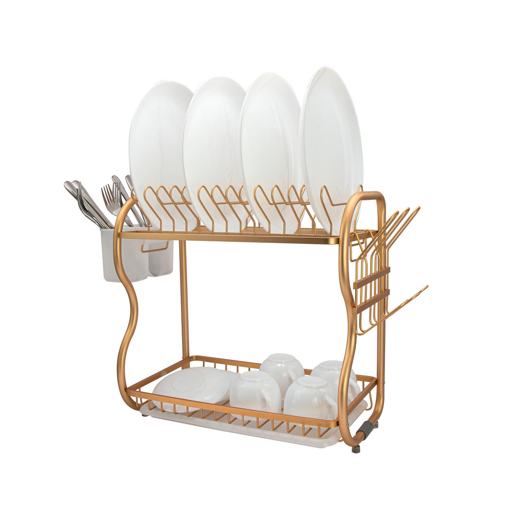 Regent Double Dish Drying Rack Gold Aluminium with Clear Tray 42105