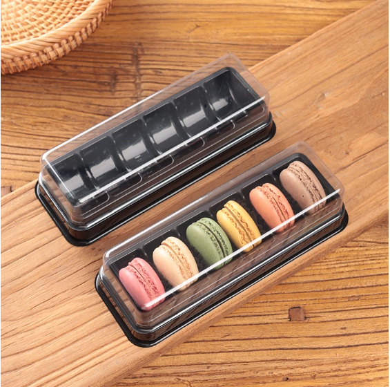 Macaron Display PET Gift Container Tray with Clear PVC Lid 19.3x7cm fits 6