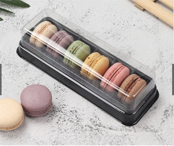 Macaron Container Black Tray 19.3x7cm Clear PVC Lid 6 Slots