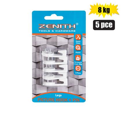 Zenith Picture Hook with Pin White Large 8kg 5pack