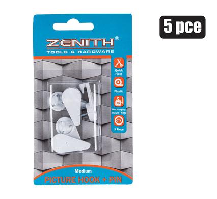 Zenith Picture Hook with Pin White Medium 4kg 5pack