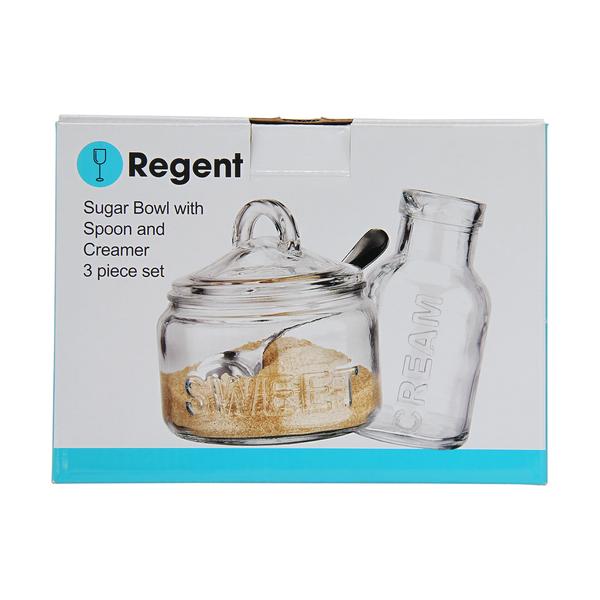 Regent Glass Sugar Bowl 540ml and Creamer 340ml with Spoon 3pc Set 75087
