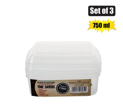 Time Savers Clear Plastic Storage Containers 750ml Rectangular 3pack