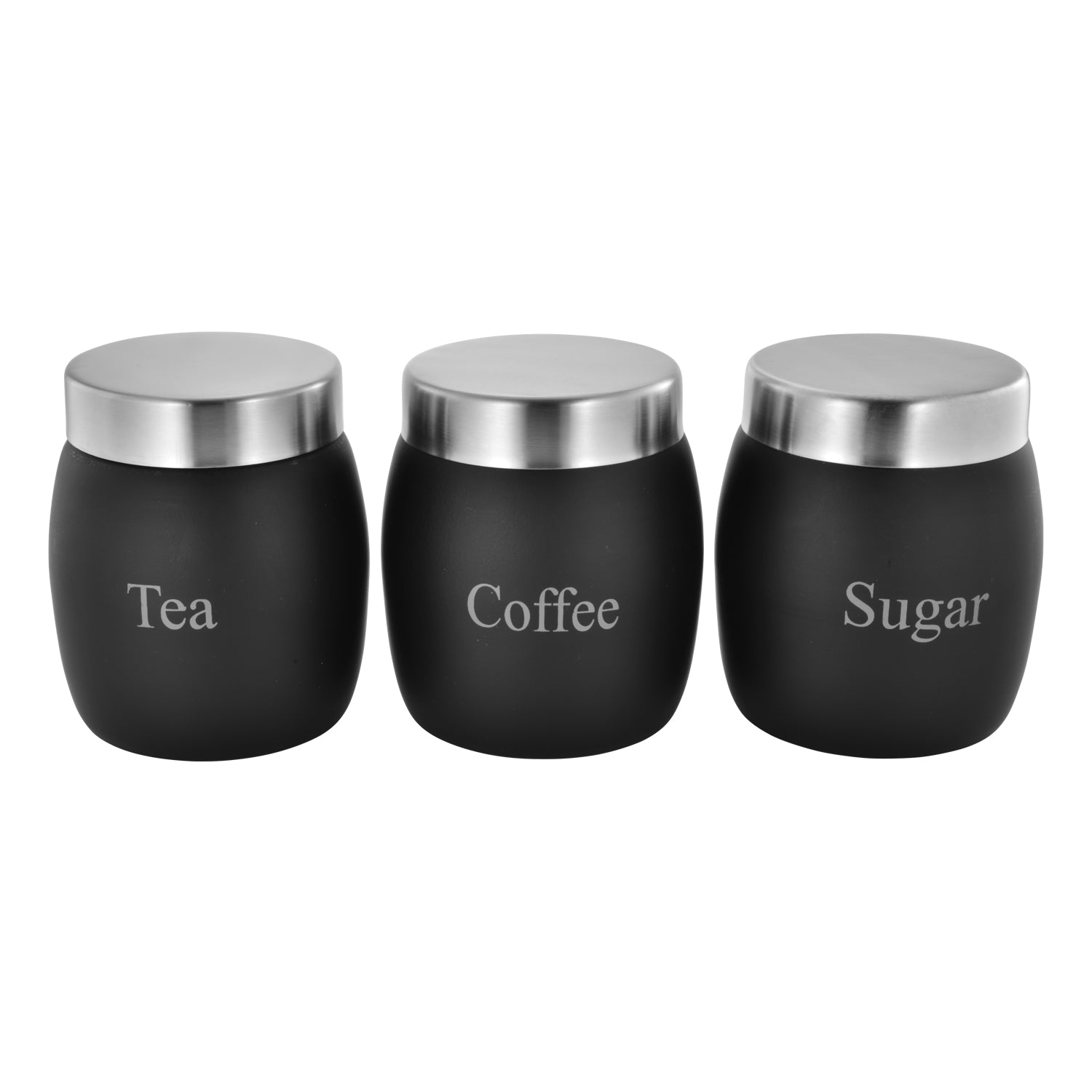 Vintage Tin Canister Set Tea-Coffee-Sugar Barrel Shaped Jar Black with S/S Lid 3pc
