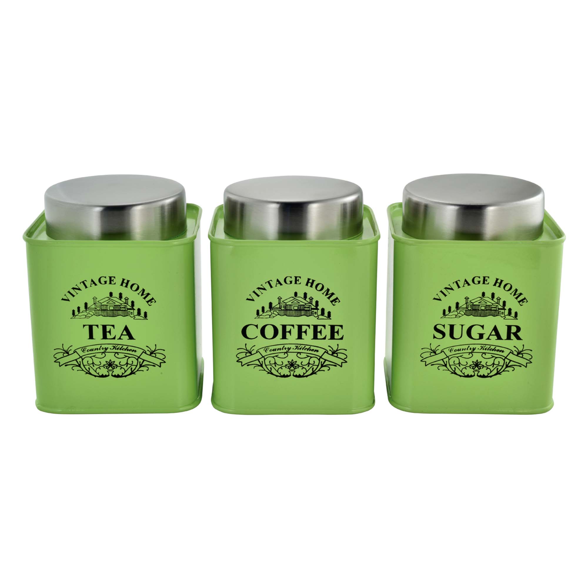 Vintage Tin Canister Set Tea-Coffee-Sugar Green Square Jar with S/S Lid 3pc