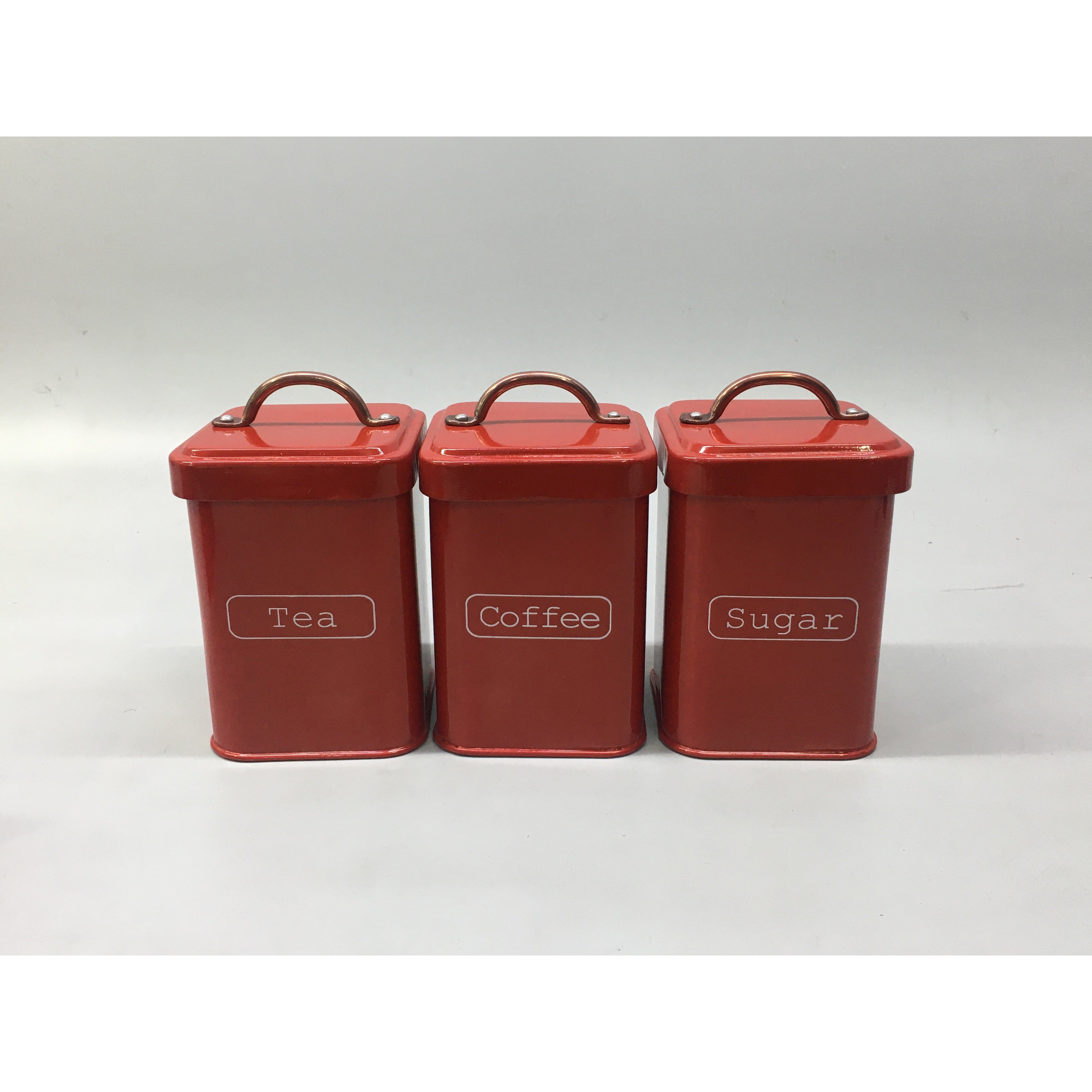 Storage Canister Tin Tea-Coffee-Sugar - Red with Bronze Handle