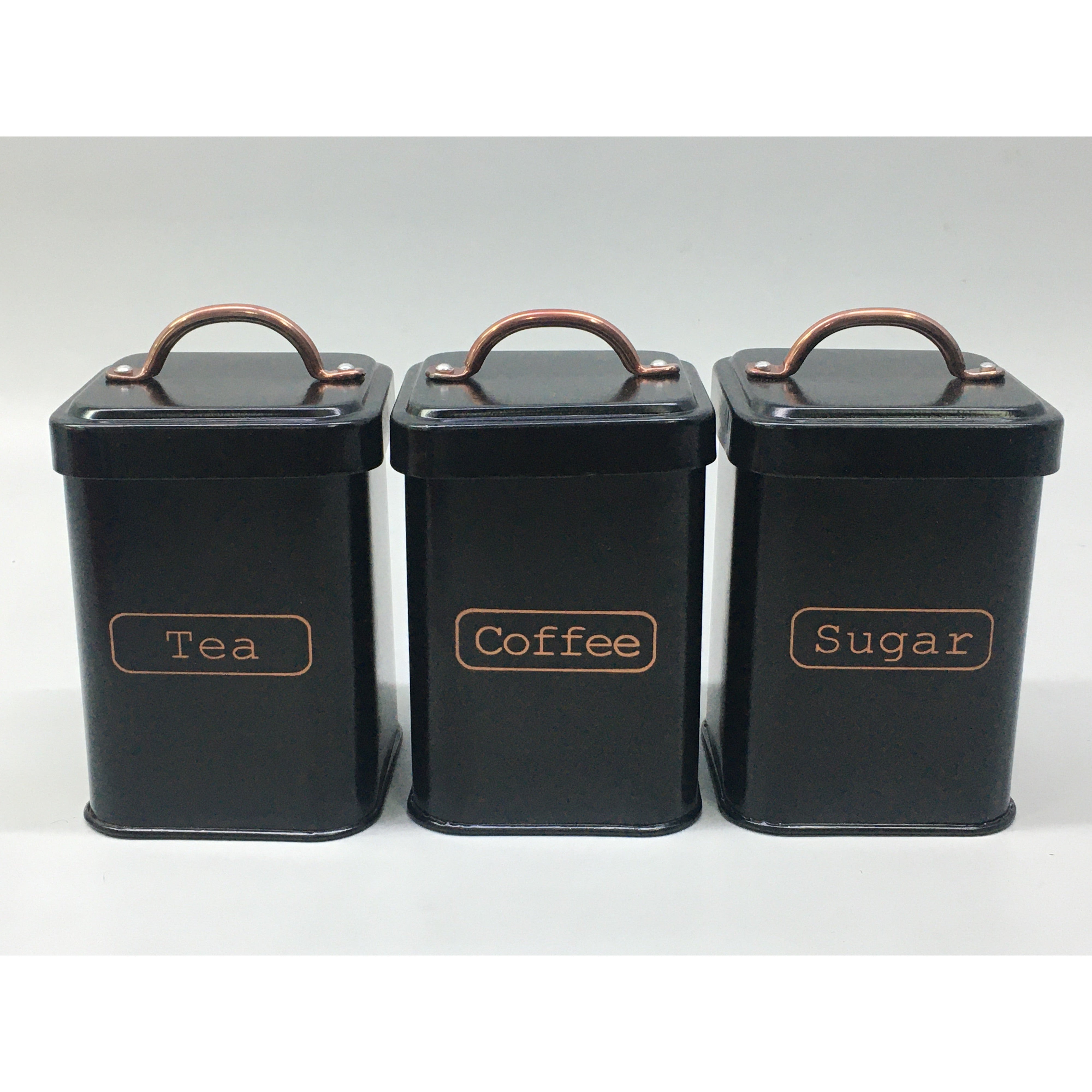 Vintage Tin Canister Square Tea Coffee Sugar Black with Bronze Handle 11x11x16.50cm