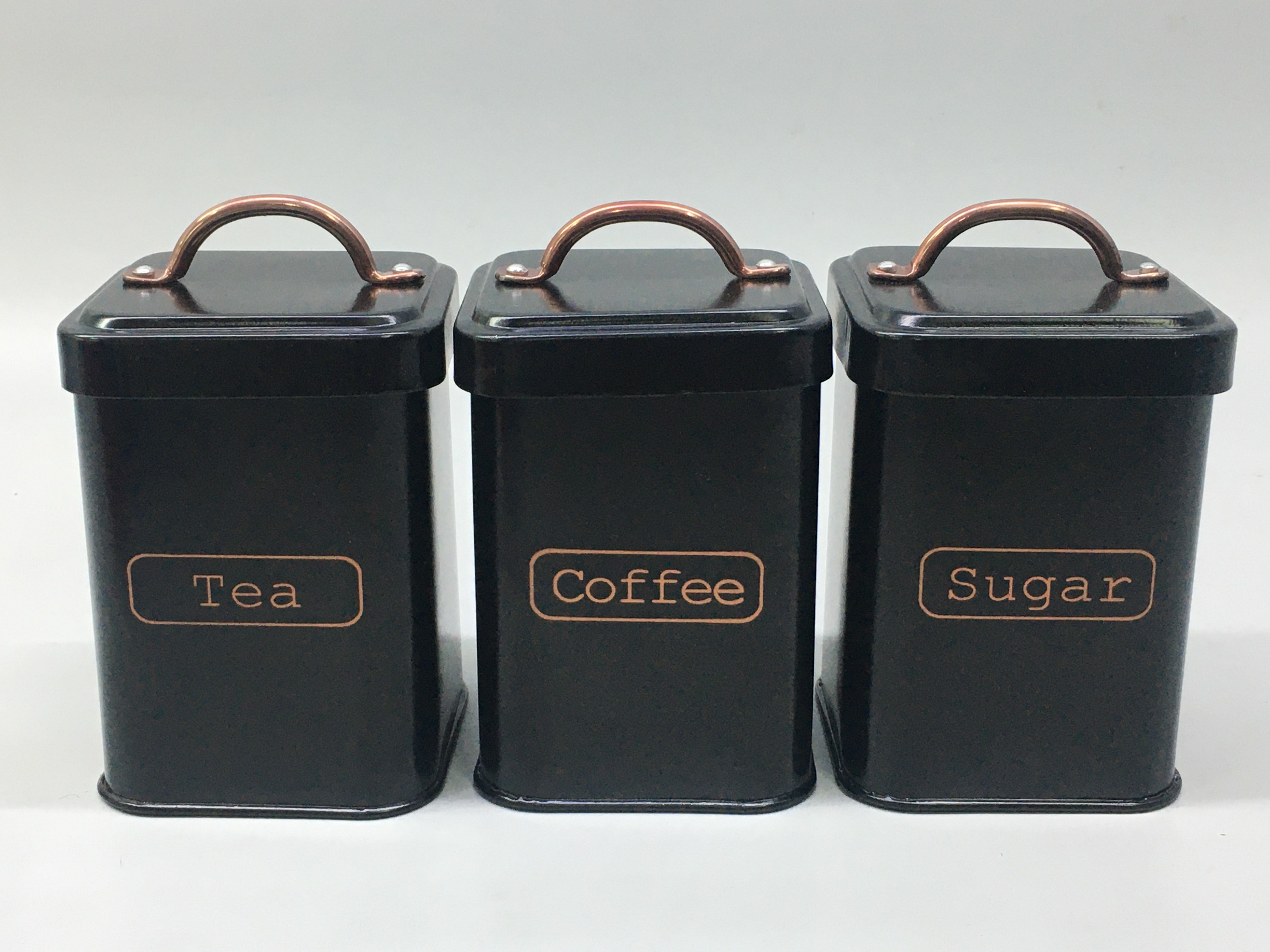 Vintage Tin Canister Square Tea Coffee Sugar Black with Bronze Handle 11x11x16.50cm