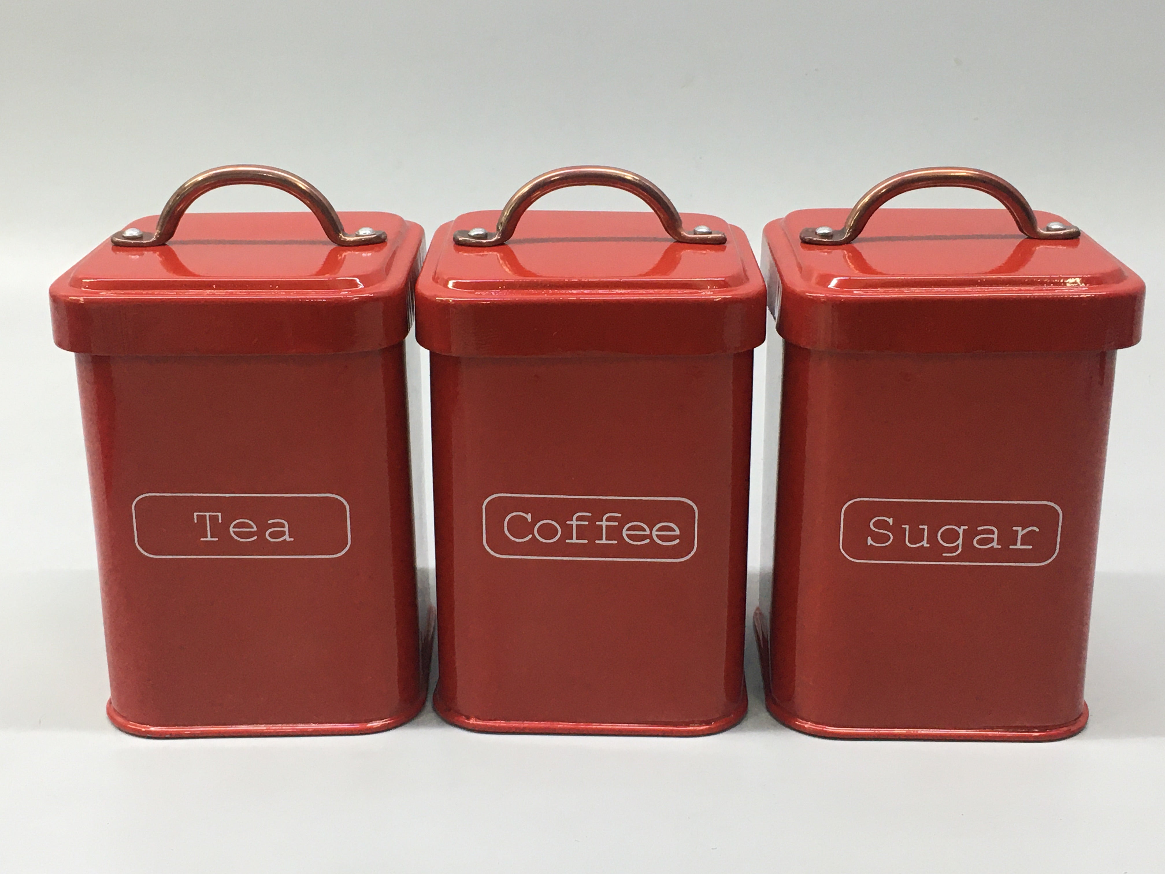 Vintage Tin Canister Set Square Tea Coffee Sugar Red with Bronze Handle 11x11x16.50cm