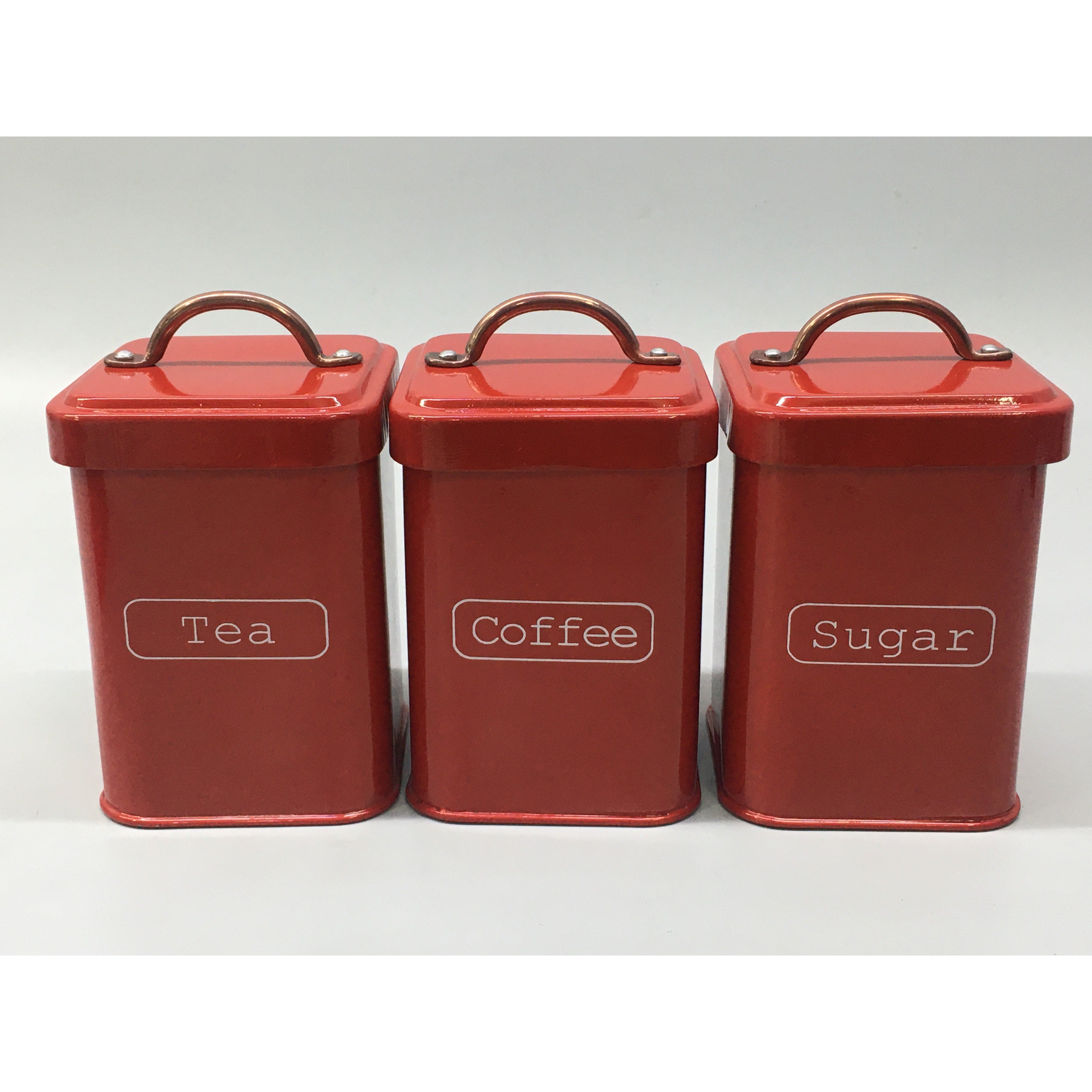 Vintage Tin Canister Set Square Tea Coffee Sugar Red with Bronze Handle 11x11x16.50cm