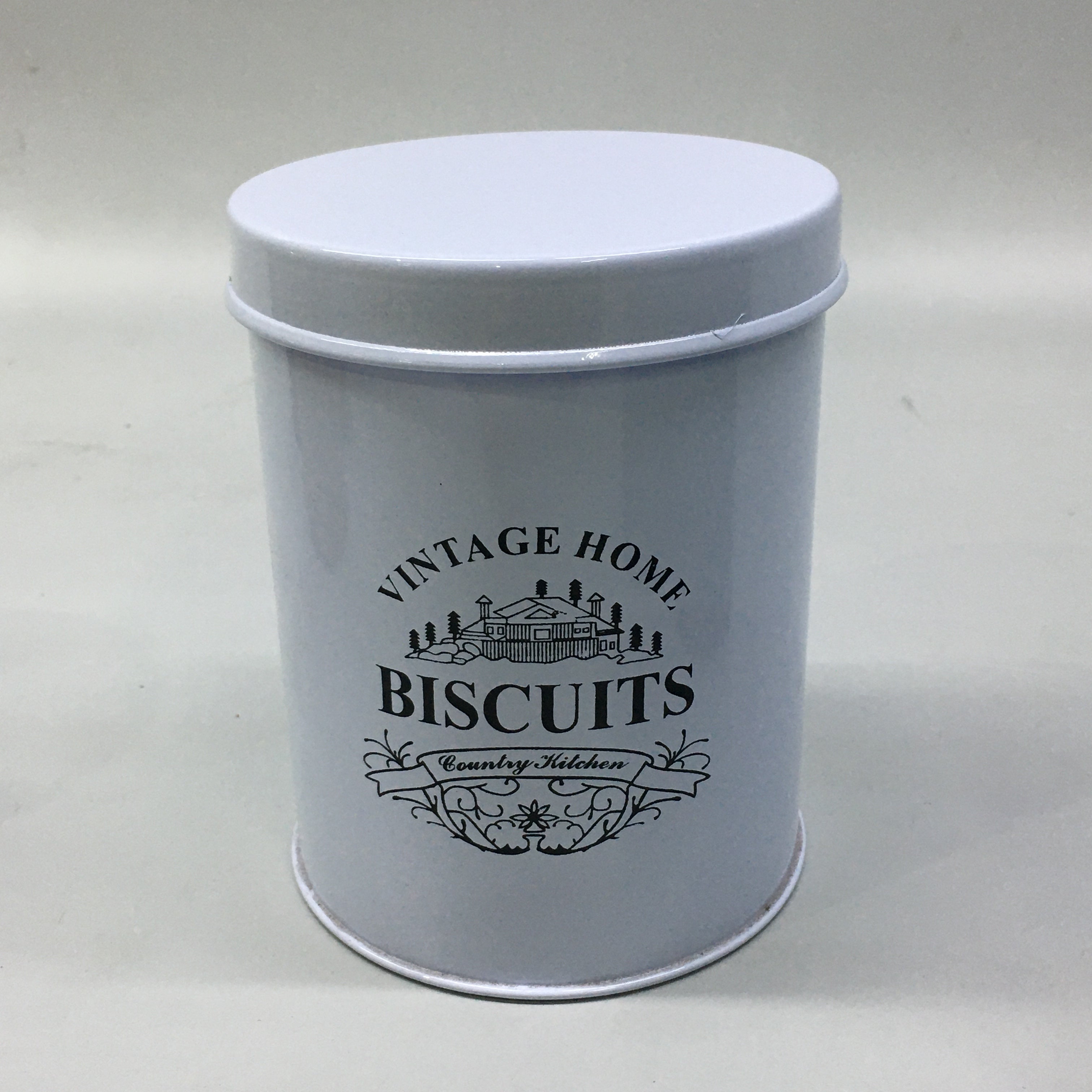 Vintage Tin Biscuit Canister White 12x15cm