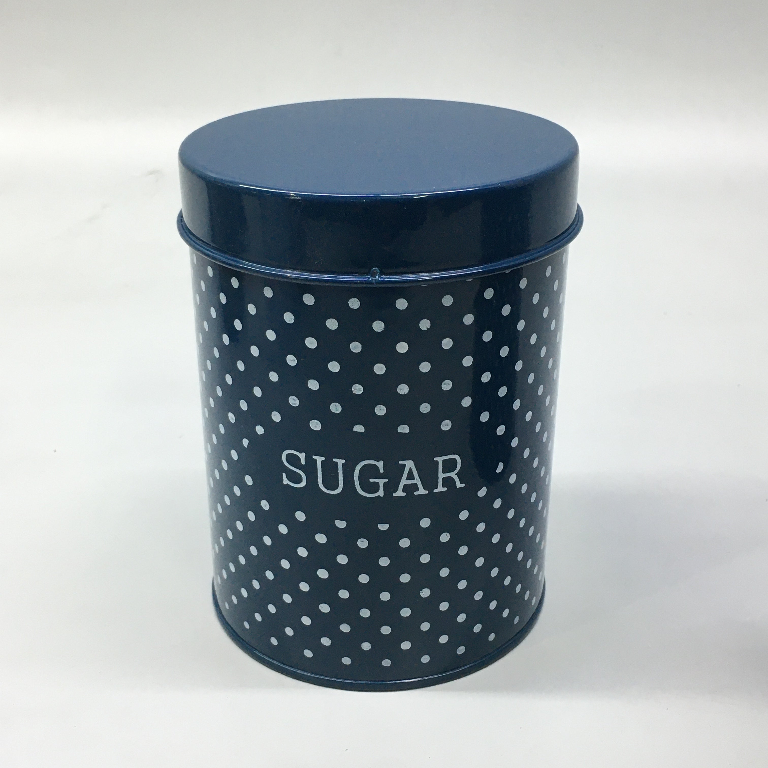 Vintage Tin Sugar Canister Blue & White Polka Dot 12x15cm