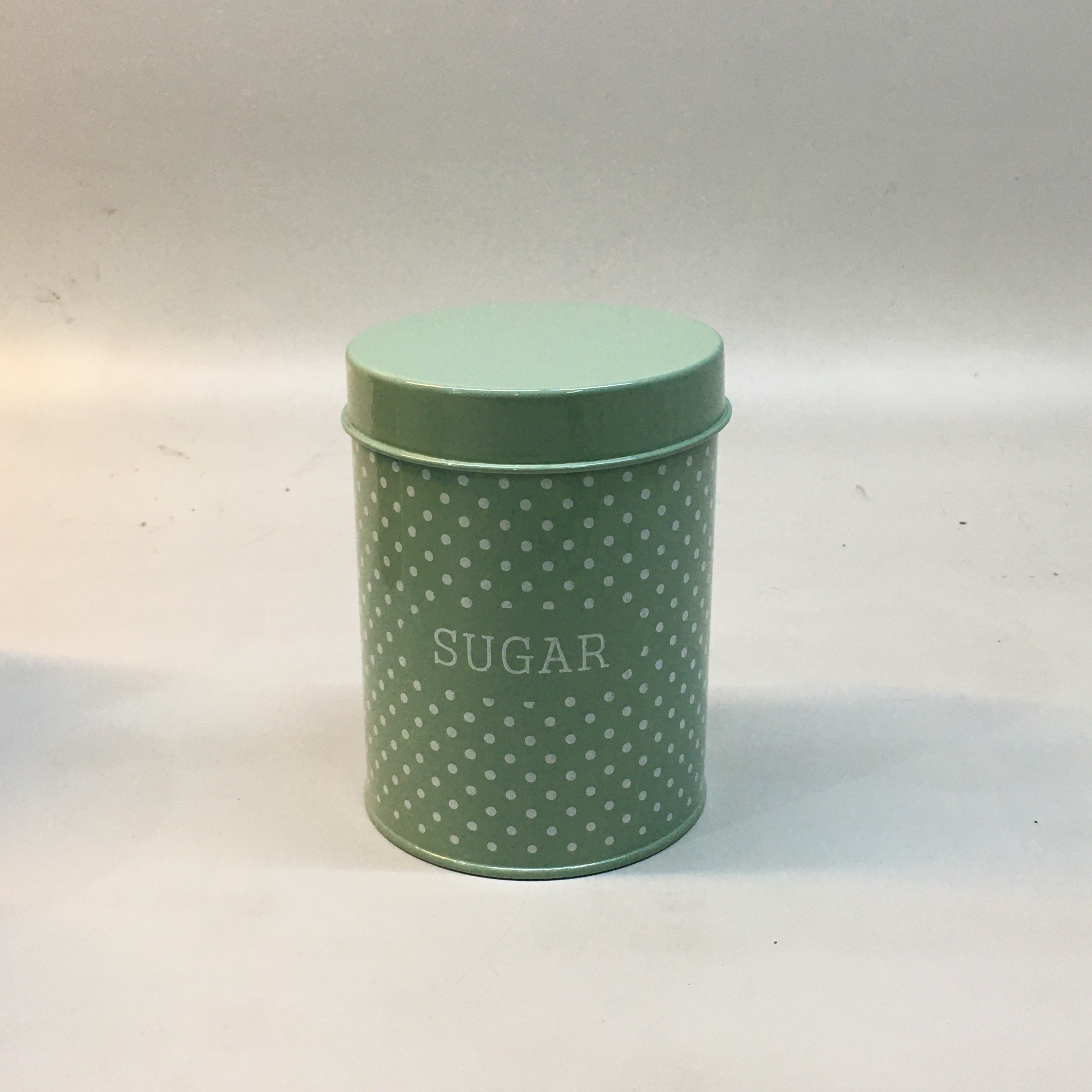 Vintage Tin Biscuit Canister Green & White Polka Dot 12x15cm
