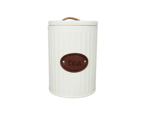 Aqua Canister Tea Tin Cream with Leather Name and Strap 26568