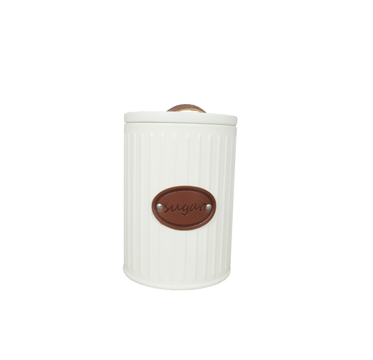 Aqua Canister Sugar Tin Cream with Leather Name and Strap 26570