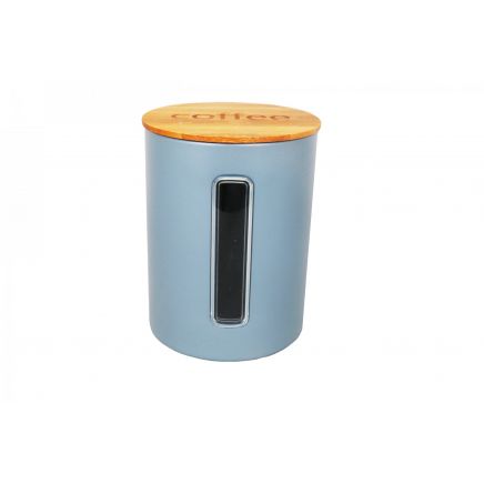 Aqua Canister Coffee Tin Grey with Bamboo Lid and side Window 26577
