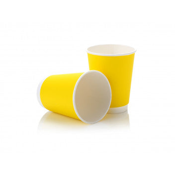 350ml Paper Coffee Cup Double Wall Yellow with White Sip Lid 10pack