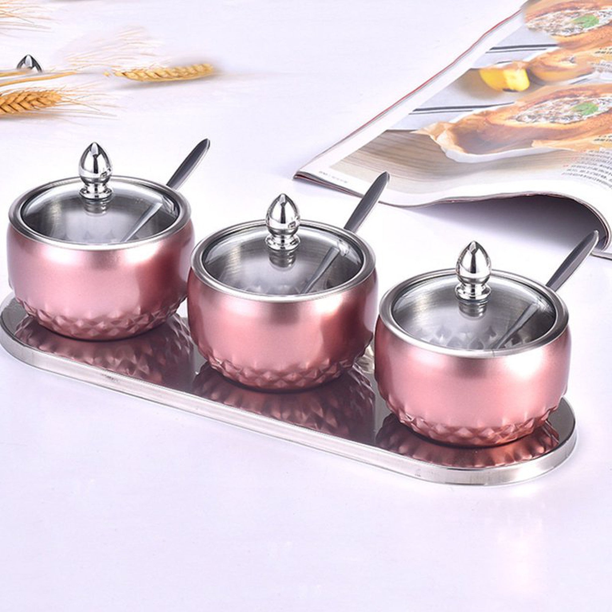 3 Piece Condiment Stainless Steel Sugar-Spice-Seasoning Bowl Set