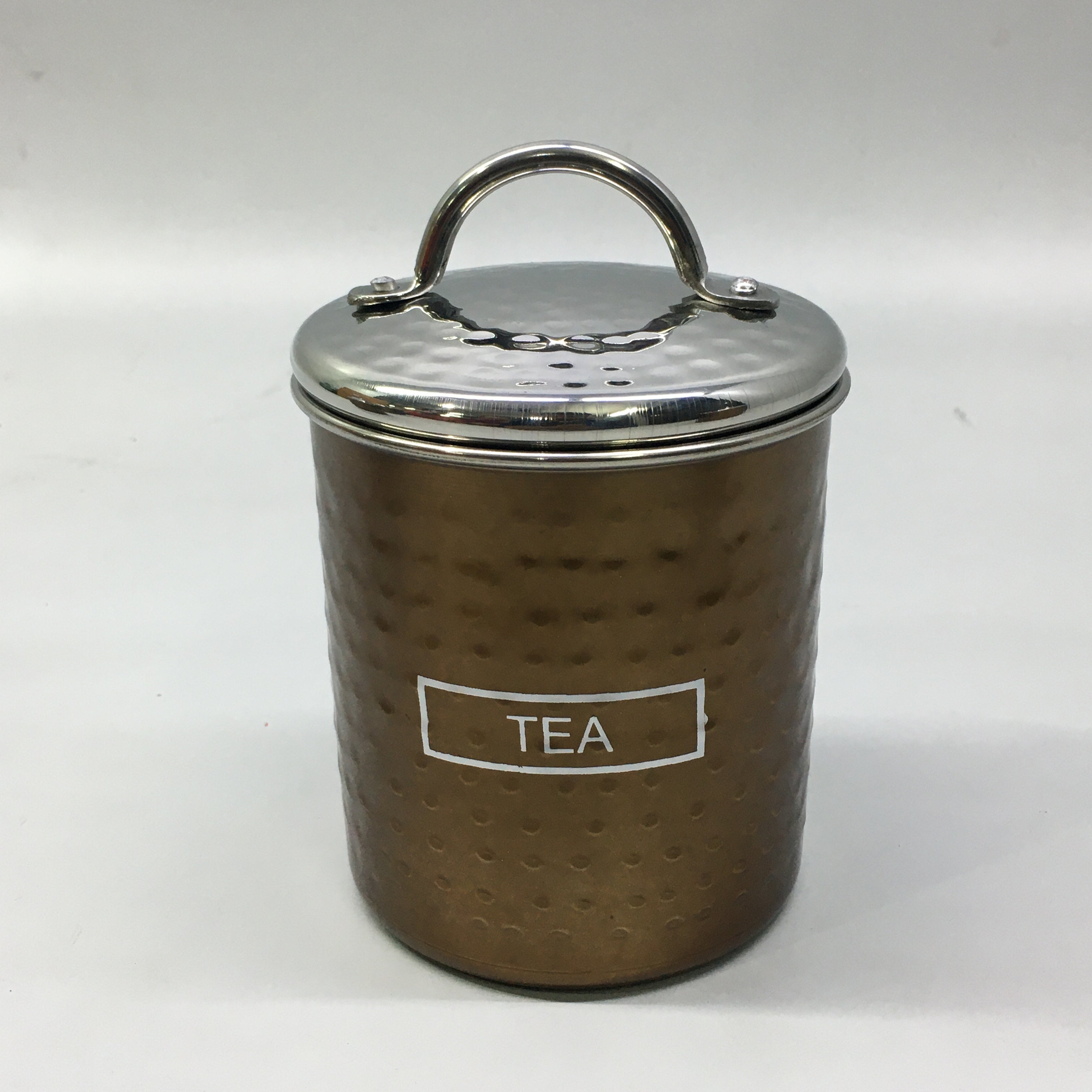 Canister Tea Tin Bronze 10x12cm Hammered Finish Stainless Steel