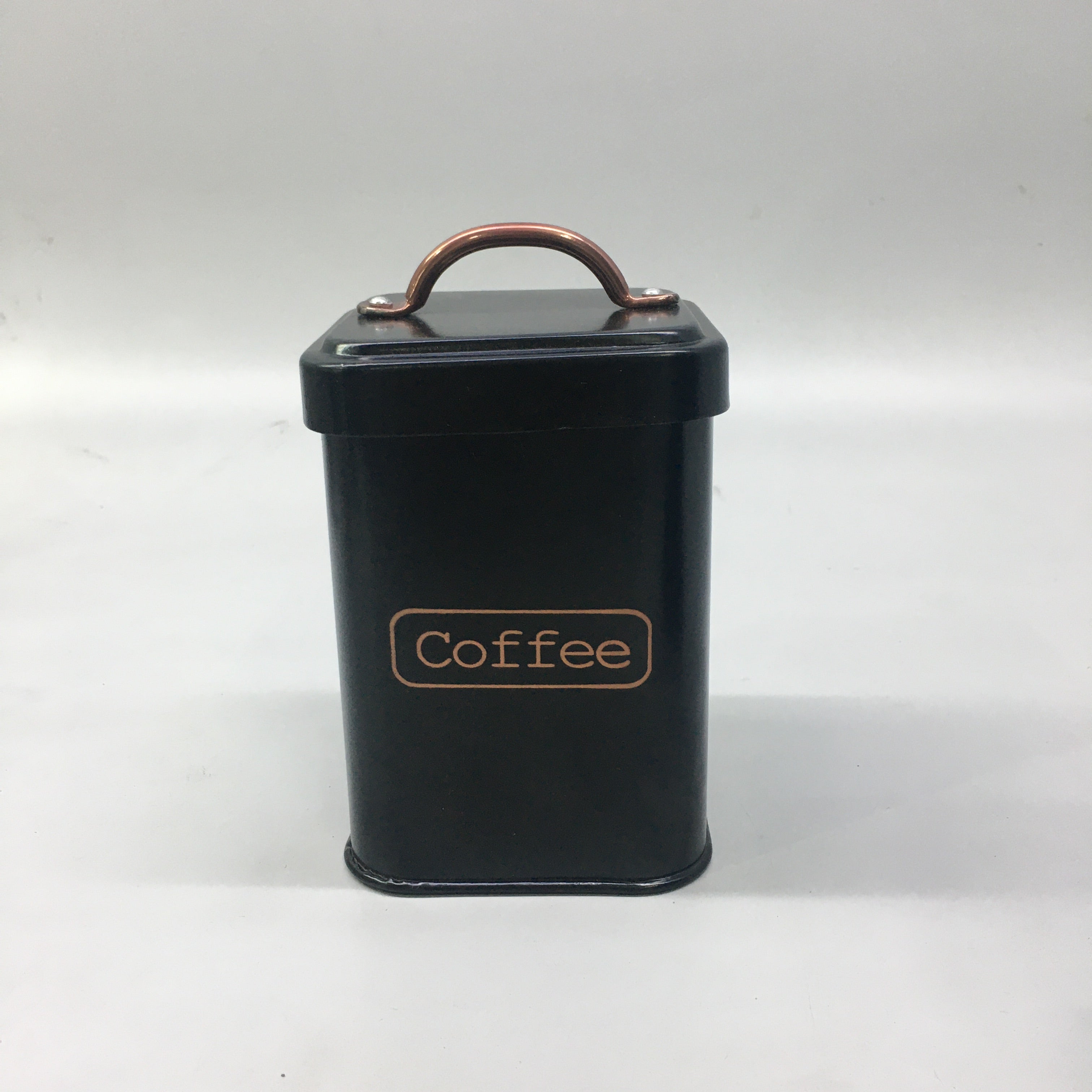 Vintage Tin Canister Square Tea Coffee Sugar Black with Bronze Handle 11x11x16.50cm