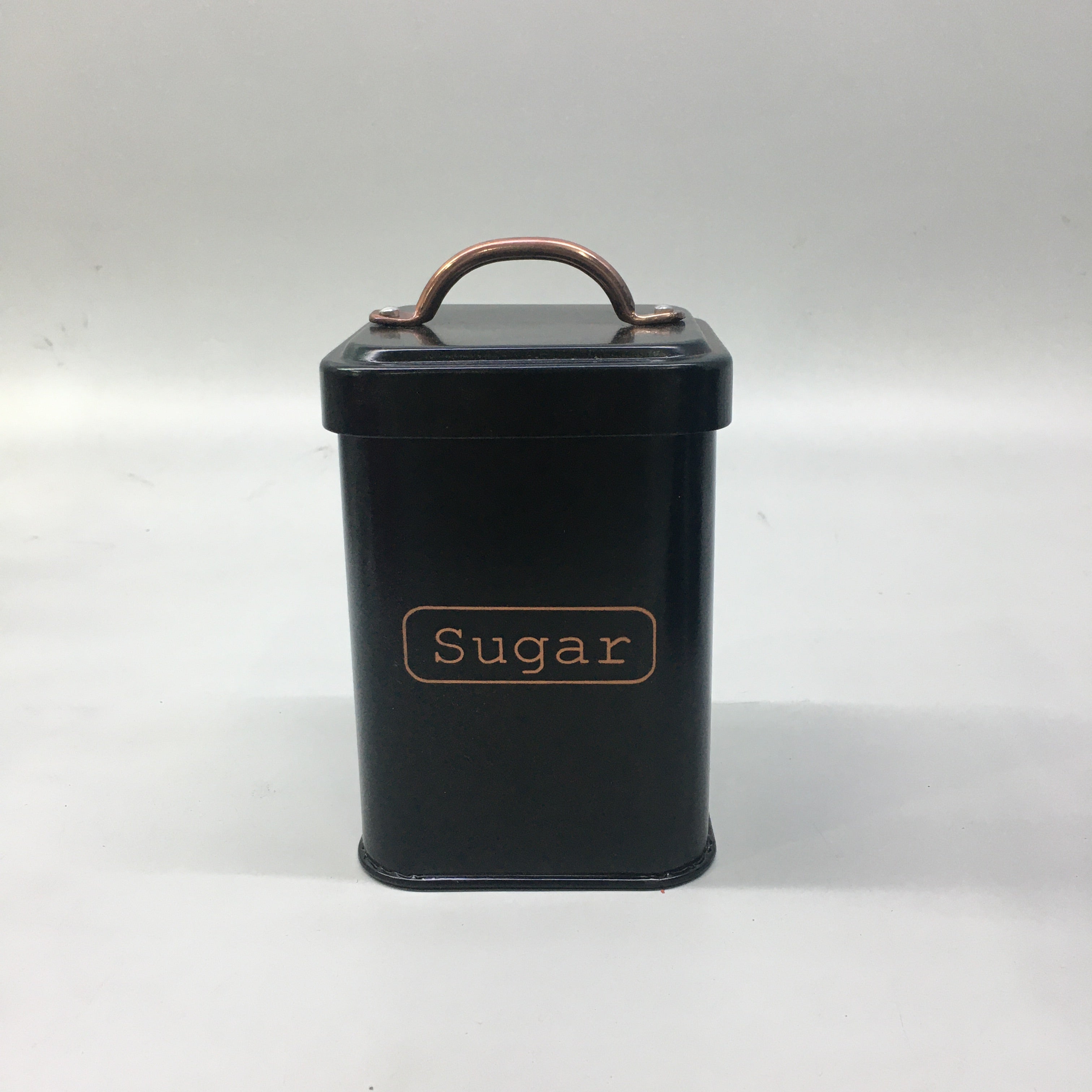 Vintage Tin Canister Square Tea Coffee Sugar Black with Bronze Handle 11x11x16.50cm