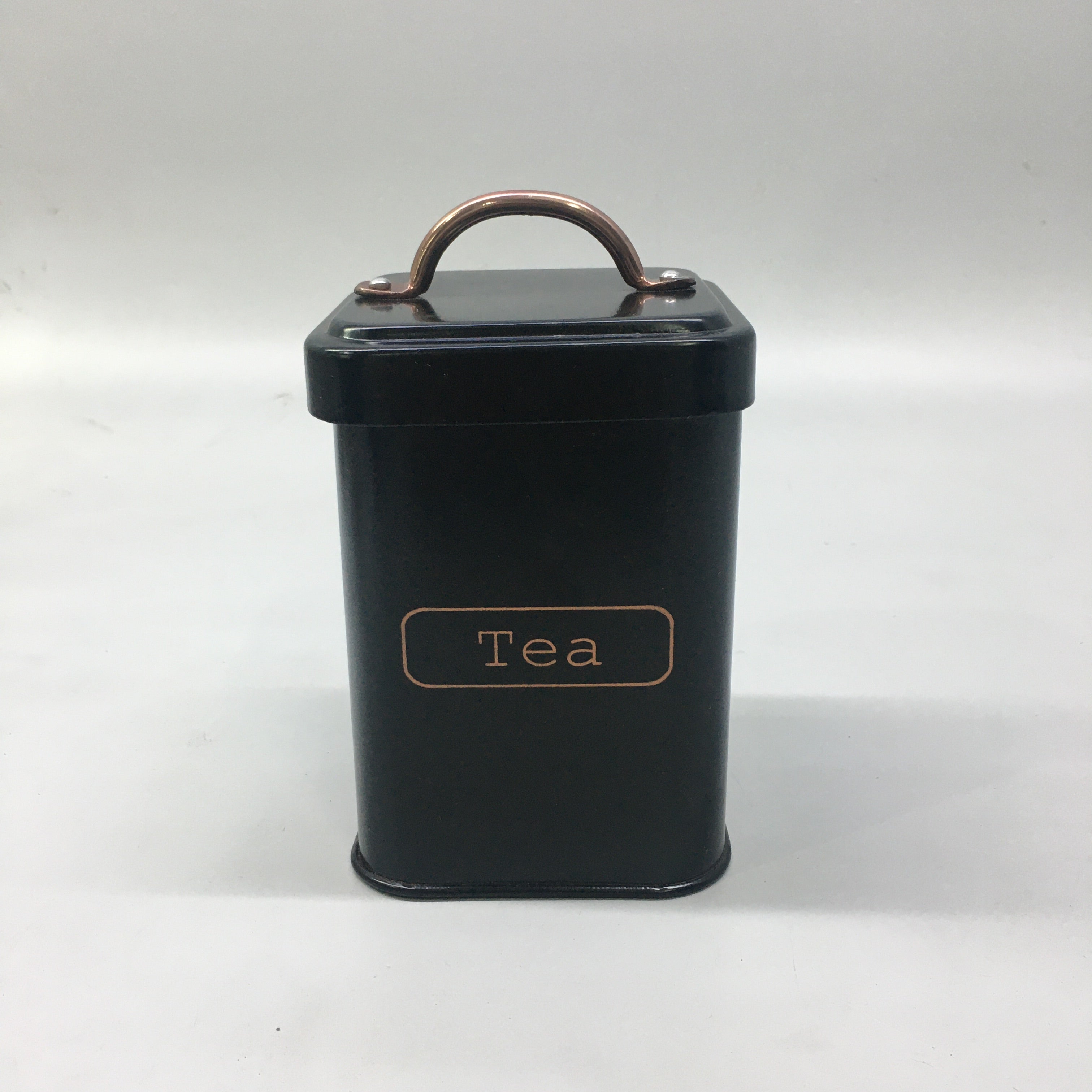 Vintage Tin Canister Square Tea Coffee Sugar Black with Bronze Handle 11x11x16.50cm