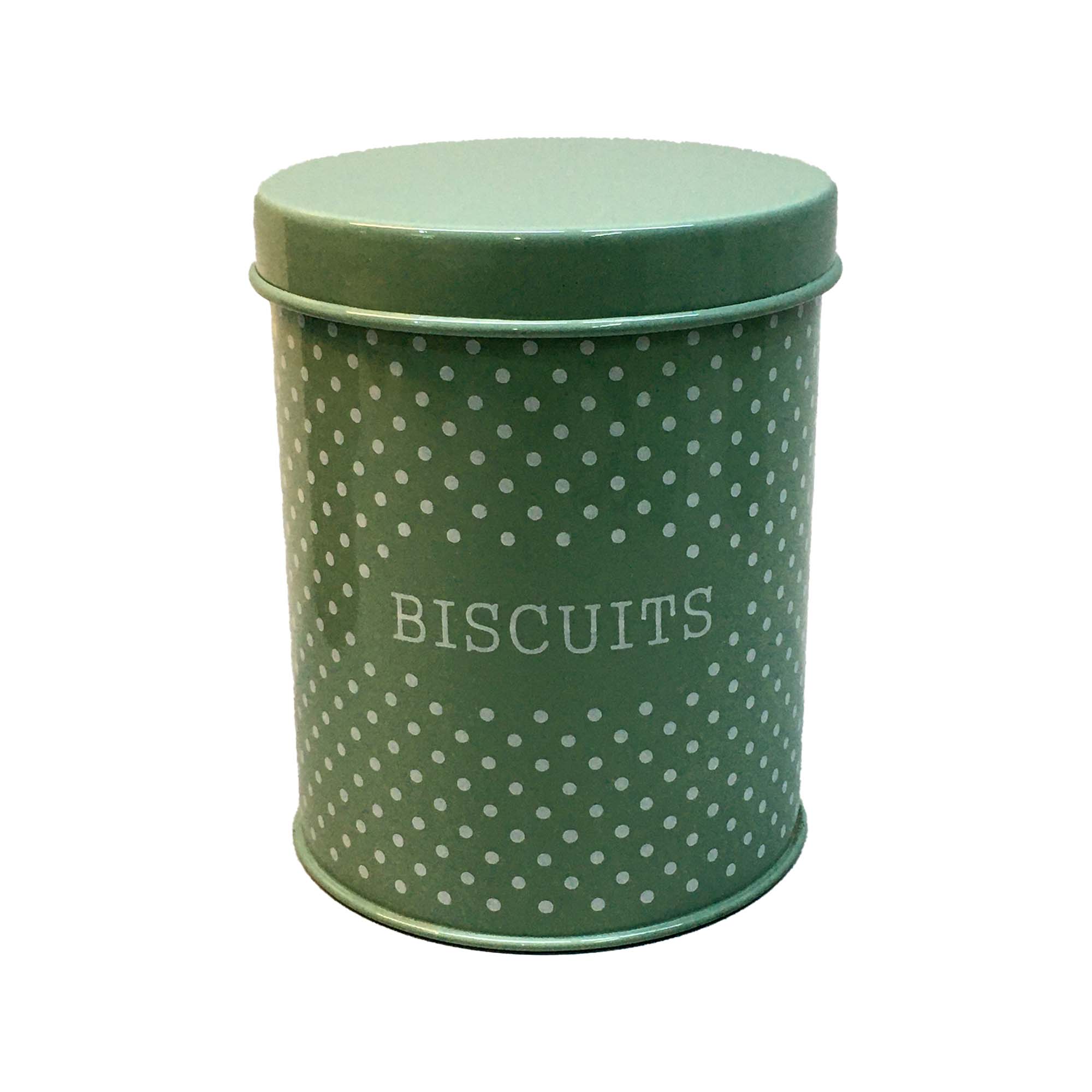 Vintage Tin Biscuit Canister Green & White Polka Dot 12x15cm