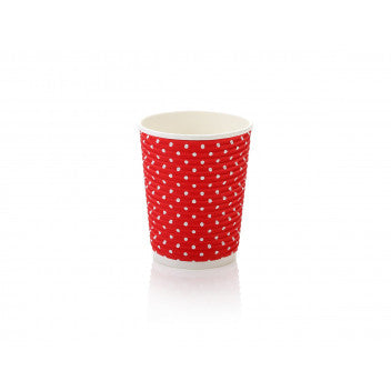 250ml Ripple Paper Coffee Cup Horizontal Polka Dots Red-White with Black Sip Lid 10pack