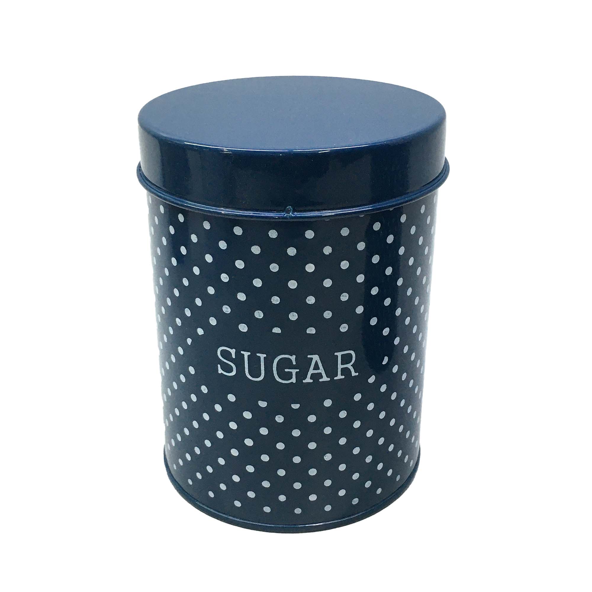 Vintage Tin Sugar Canister Blue & White Polka Dot 12x15cm