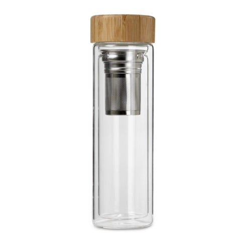 Glass Drinking Bottle 600ml Double Wall with Infuser & Bamboo Lid 27133