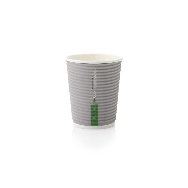 250ml Bio Compostable Ripple Paper Coffee Cup Horizontal Charcoal with White Sip Lid 10pack