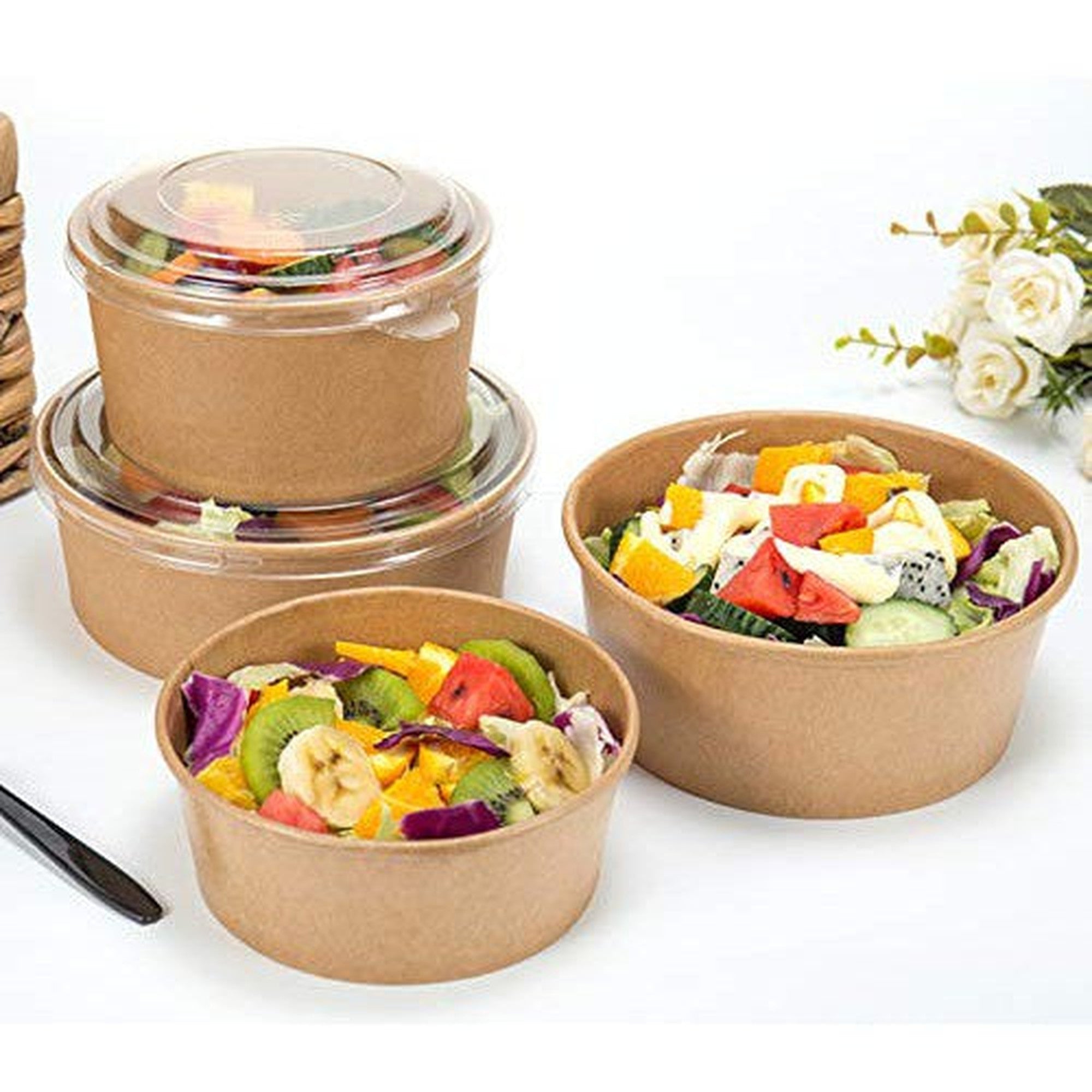 Kraft Food Lunch Bowl Container with Clear Lid 14cm