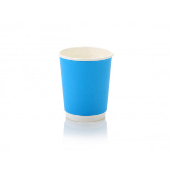 250ml Paper Coffee Cup Double Wall Blue with Black Sip Lid 10pack