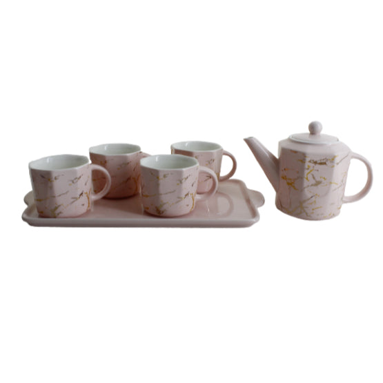 Ceramic Teapot Set and Cups Pink with Gold Marble 7pcs