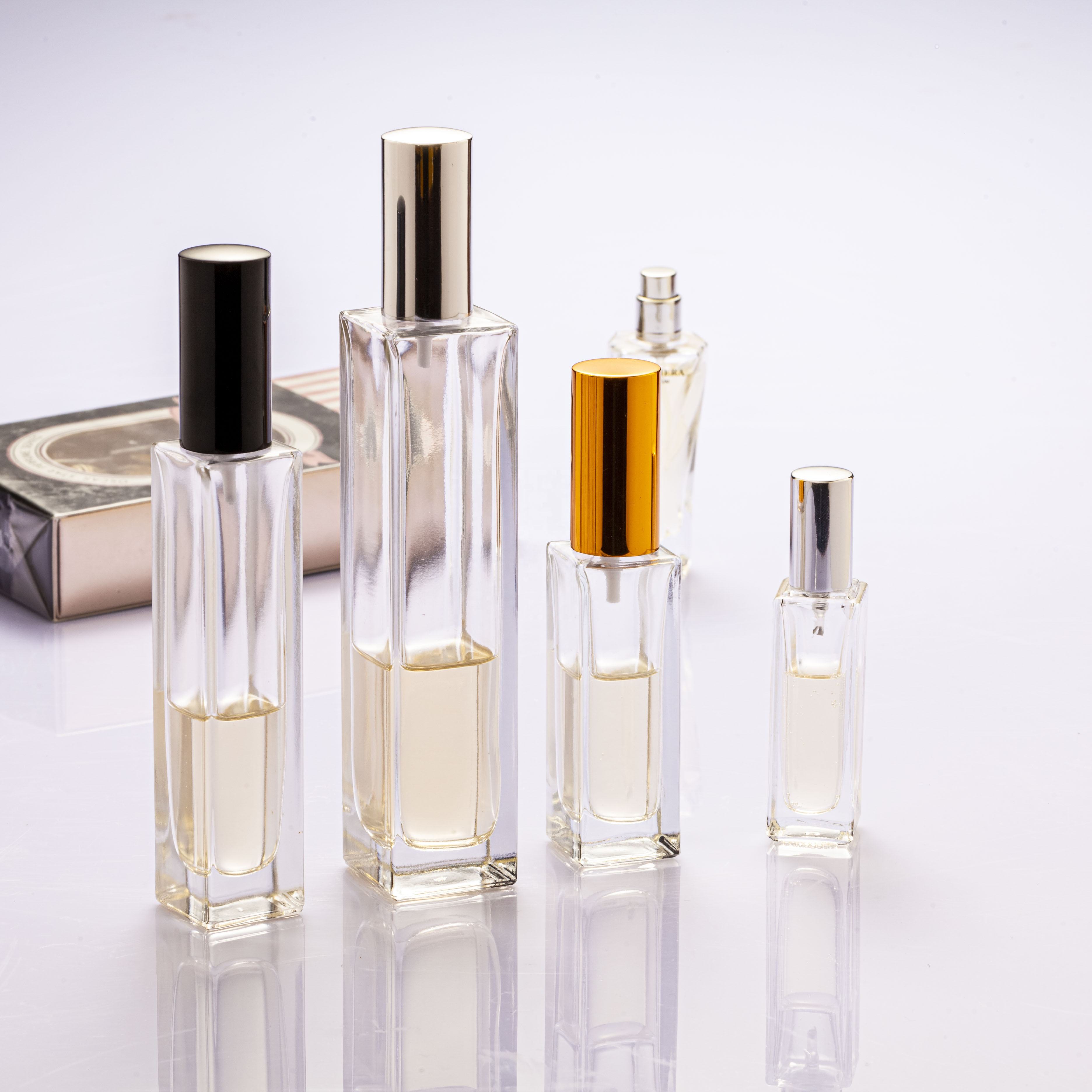 Glass Perfume Bottle 50ml Square Tall Pump Lid Silver Cap