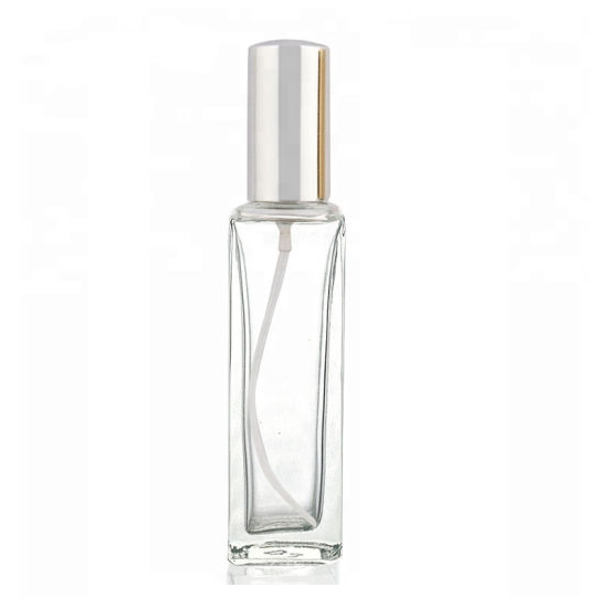 Glass Perfume Bottle 50ml Square Tall Pump Lid Silver Cap