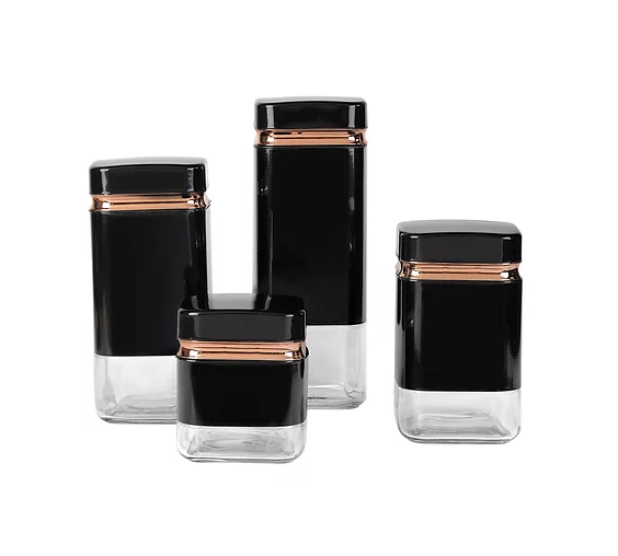 Continental Homeware Canister Set Black with Gold Line 4 Pack Squre Shape CH835