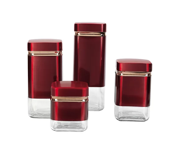 Continental Homeware Canister Set Red with Gold Line 4 Pack Squre Shape CH837